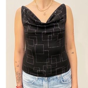 Y2K Xanaka Black Silver Glitter Geometric Cowl Neck Sleeveless Top